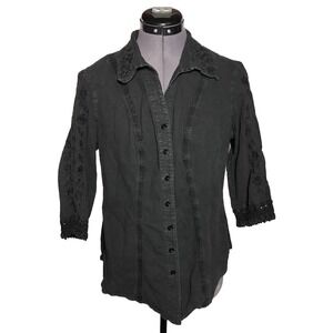 Gretty Zueger Embroidered Cotton Shirt Blouse Soft Black Boho Button XL B-40"